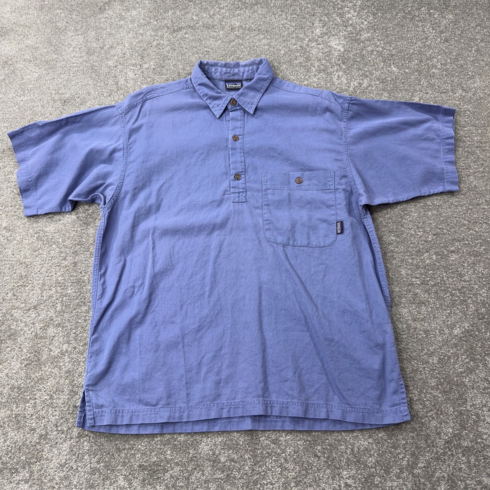 Patagonia Polo Shirt Mens L Blue Organic Cotton Short Sleeve Pocket STY 53352